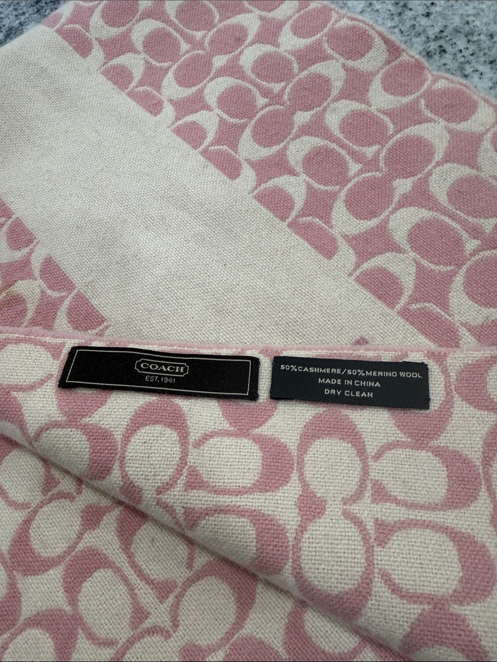 Coach Pink & Cream Signature Fringe Scarf - Picture 3 of 6